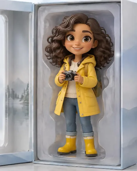 Example: a collectible toy figure of a fictional woman in a yellow raincoat holding a tiny camera, inside an open display box.