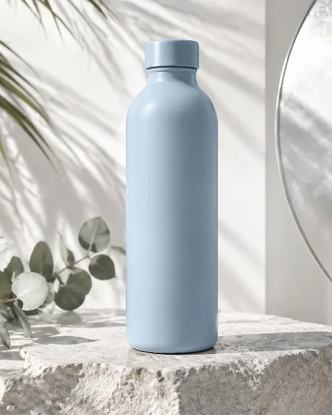 Example: a fictional unbranded sky-blue bottle styled on a stone pedestal with leaf shadows.